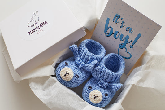 Baby boy shower gift box with crochet llama booties