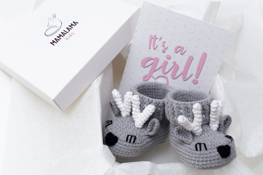 Baby girl shower gift box with crochet gray deer booties