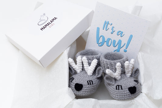 Baby boy shower gift box with crochet gray deer booties