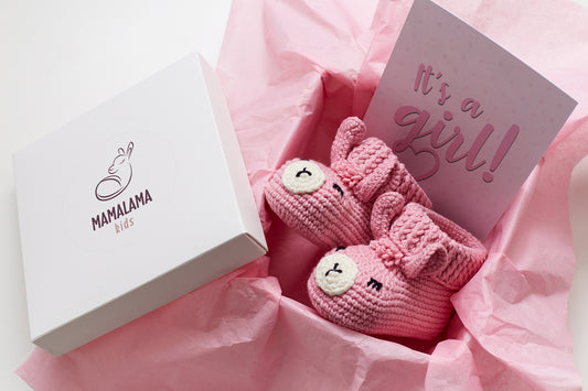 Baby girl shower gift box with crochet llama booties