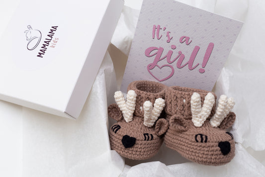 Baby girl shower gift box with crochet brown deer booties