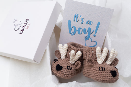Baby boy shower gift box with crochet brown deer booties