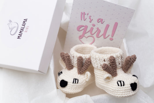 Baby girl shower gift box with crochet off white deer booties