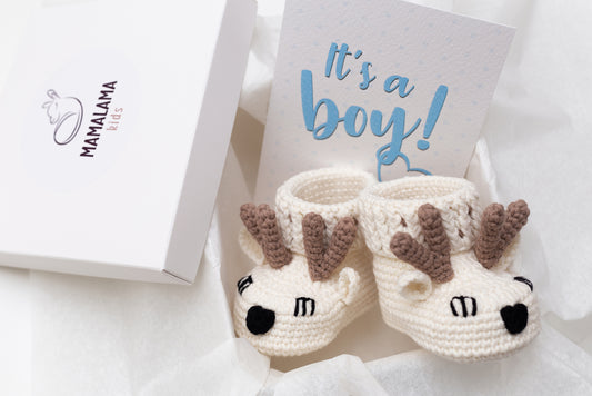 Baby boy shower gift box with crochet off white deer booties