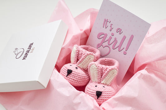 Baby girl shower gift box with crochet bunny booties
