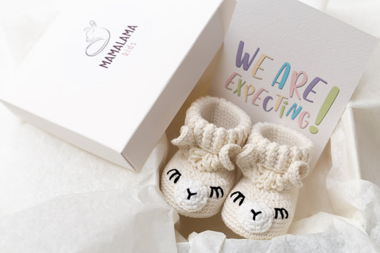 Pregnancy announcement off white llama booties gift box