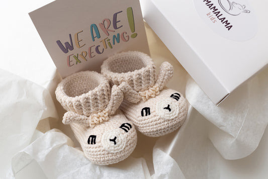 Pregnancy announcement beige llama booties gift box