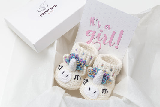 Baby girl shower gift box with crochet unicorn booties