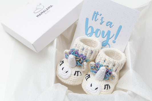Baby boy shower gift box with crochet unicorn booties